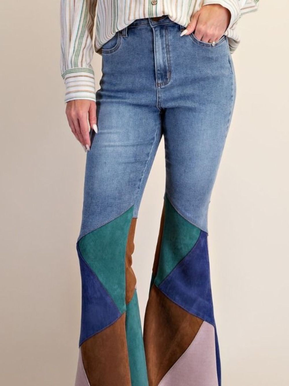 easel Blue Flare Jeans with Green, Brown, Purple & Cream Panels